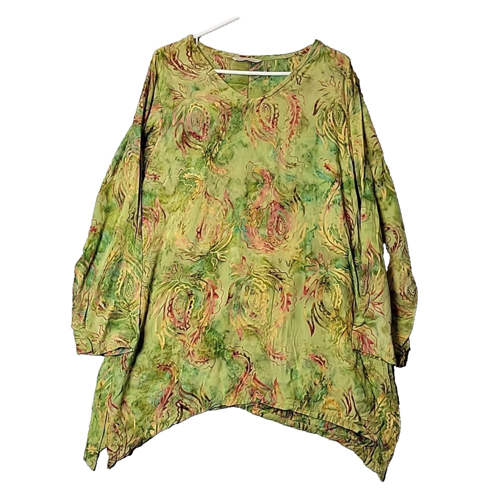 Soft Surroundings Green Abstract LS V Neck Lagenlook Rayon Tunic Women's Medium